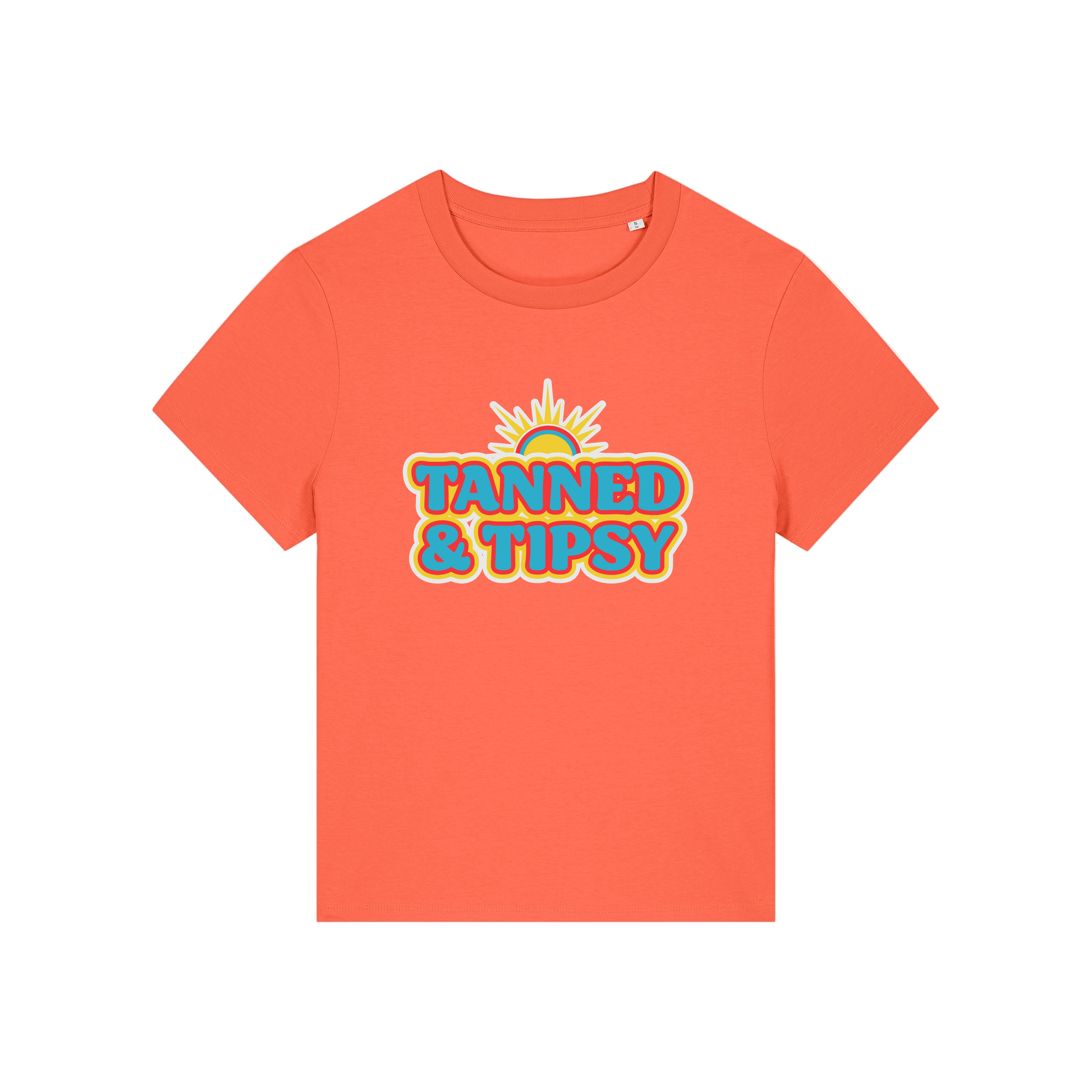 orange slogan t-shirt that reads 'tanned and tipsy'