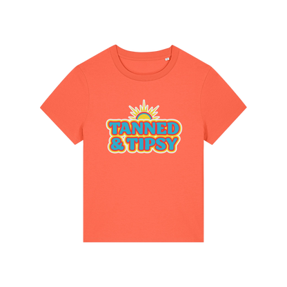 orange slogan t-shirt that reads 'tanned and tipsy'