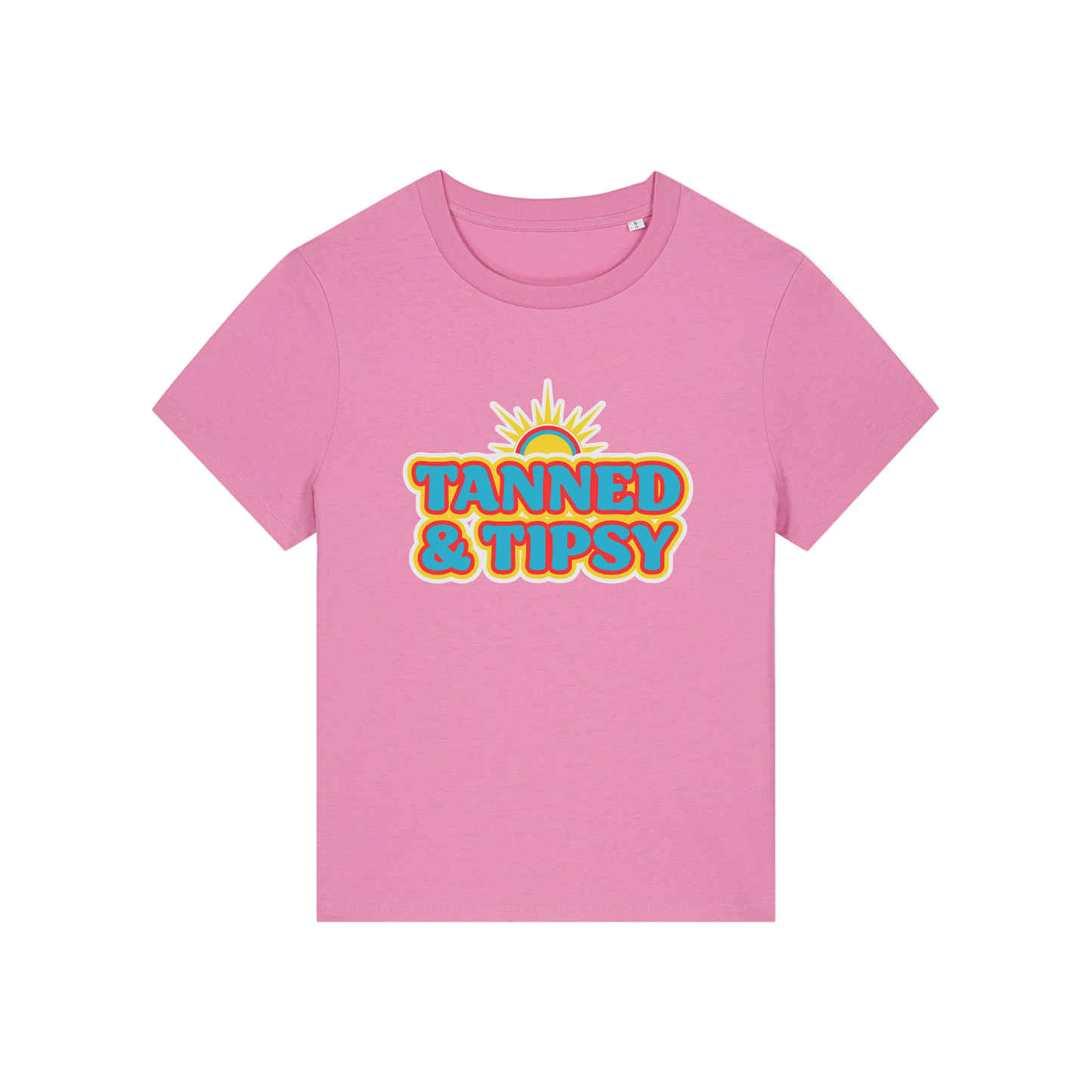pink slogan t-shirt that reads 'tanned and tipsy'