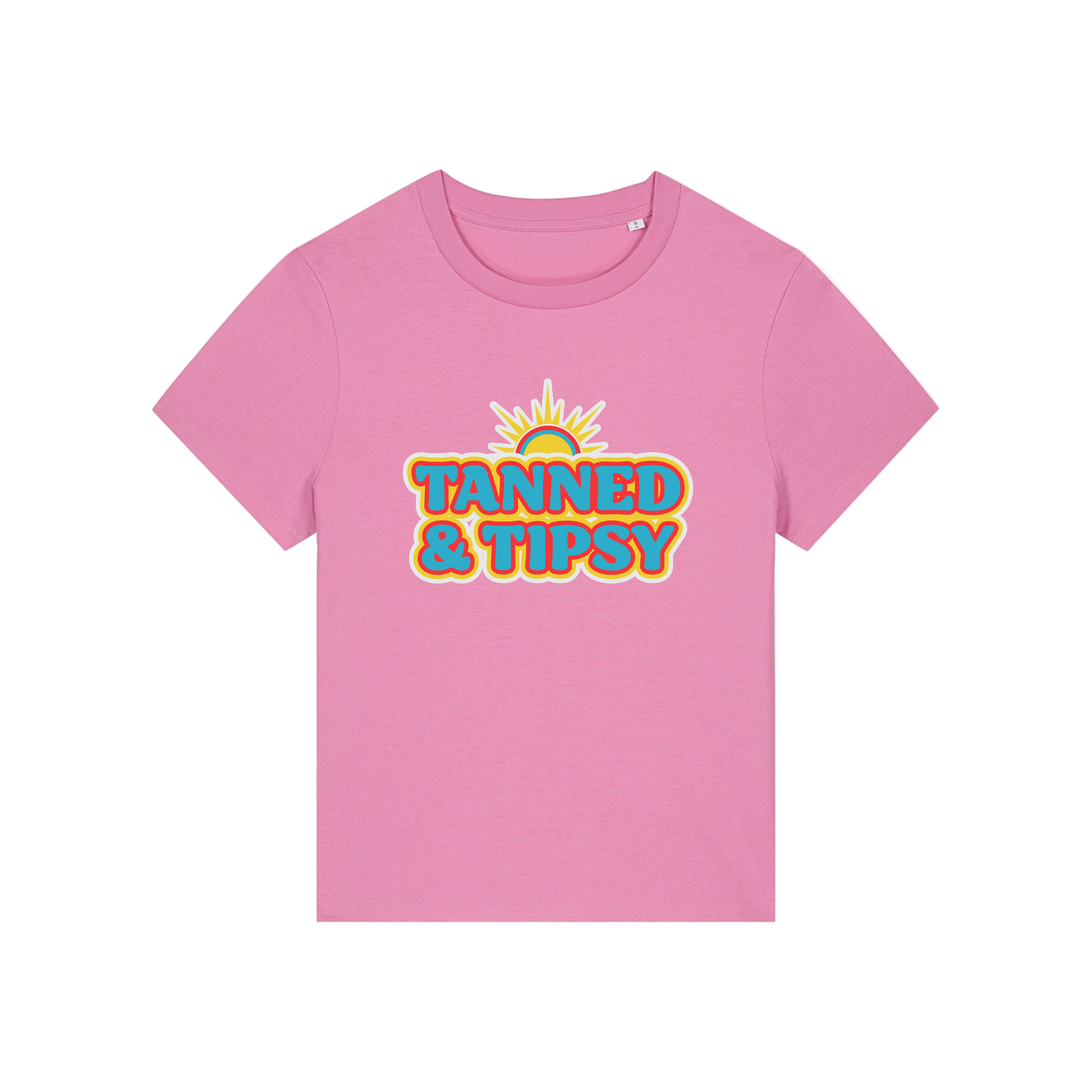 pink slogan t-shirt that reads 'tanned and tipsy'