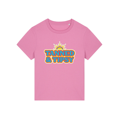pink slogan t-shirt that reads 'tanned and tipsy'