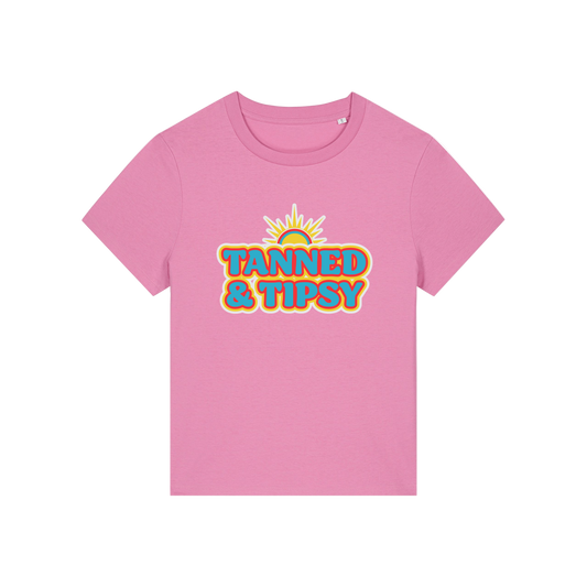 pink slogan t-shirt that reads 'tanned and tipsy'