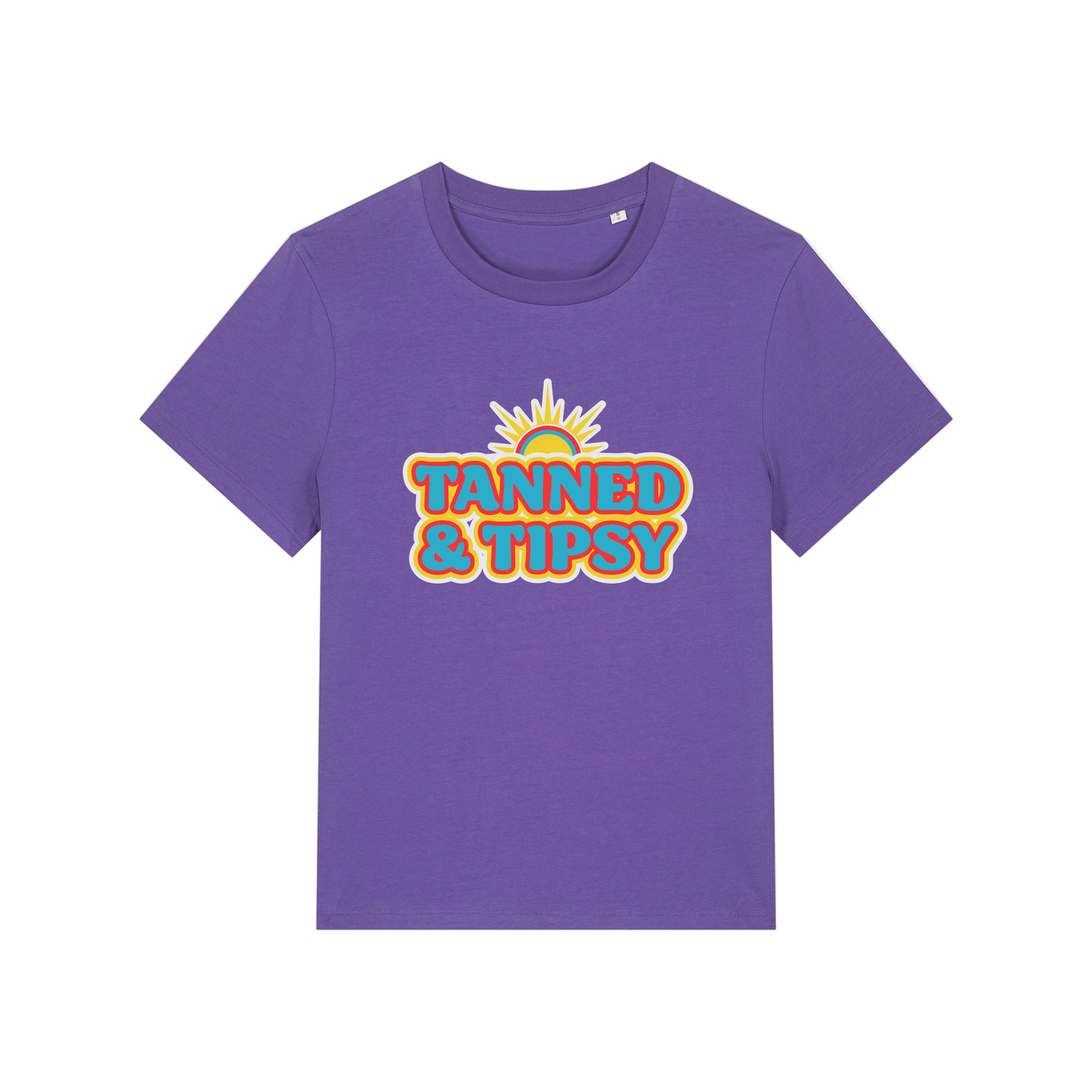 purple slogan t-shirt that reads 'tanned and tipsy'