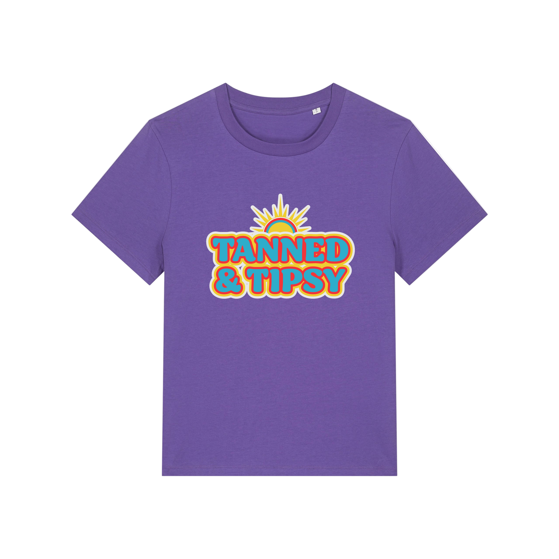 purple slogan t-shirt that reads 'tanned and tipsy'