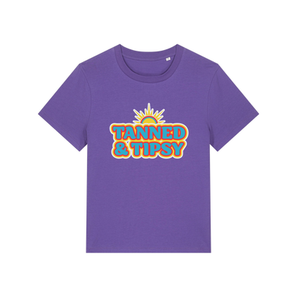 purple slogan t-shirt that reads 'tanned and tipsy'