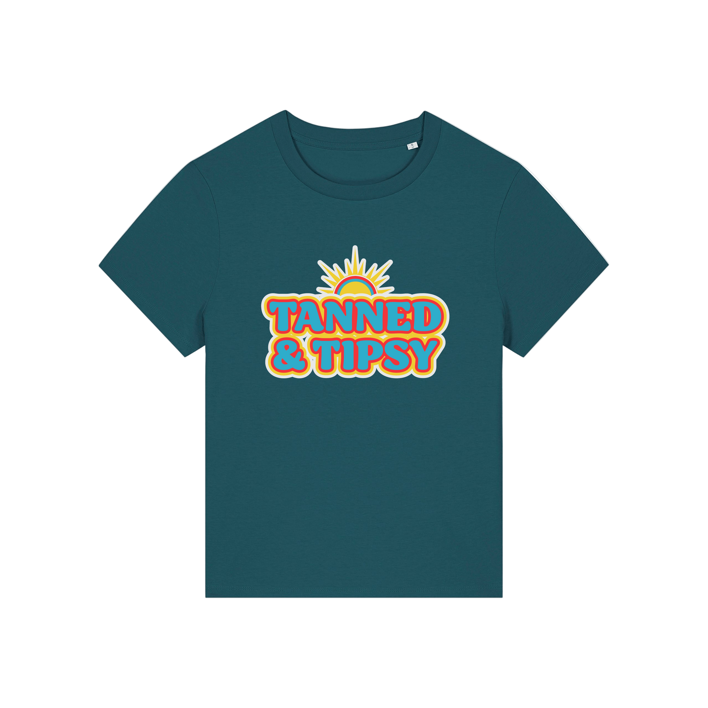 teal slogan t-shirt that reads 'tanned and tipsy'