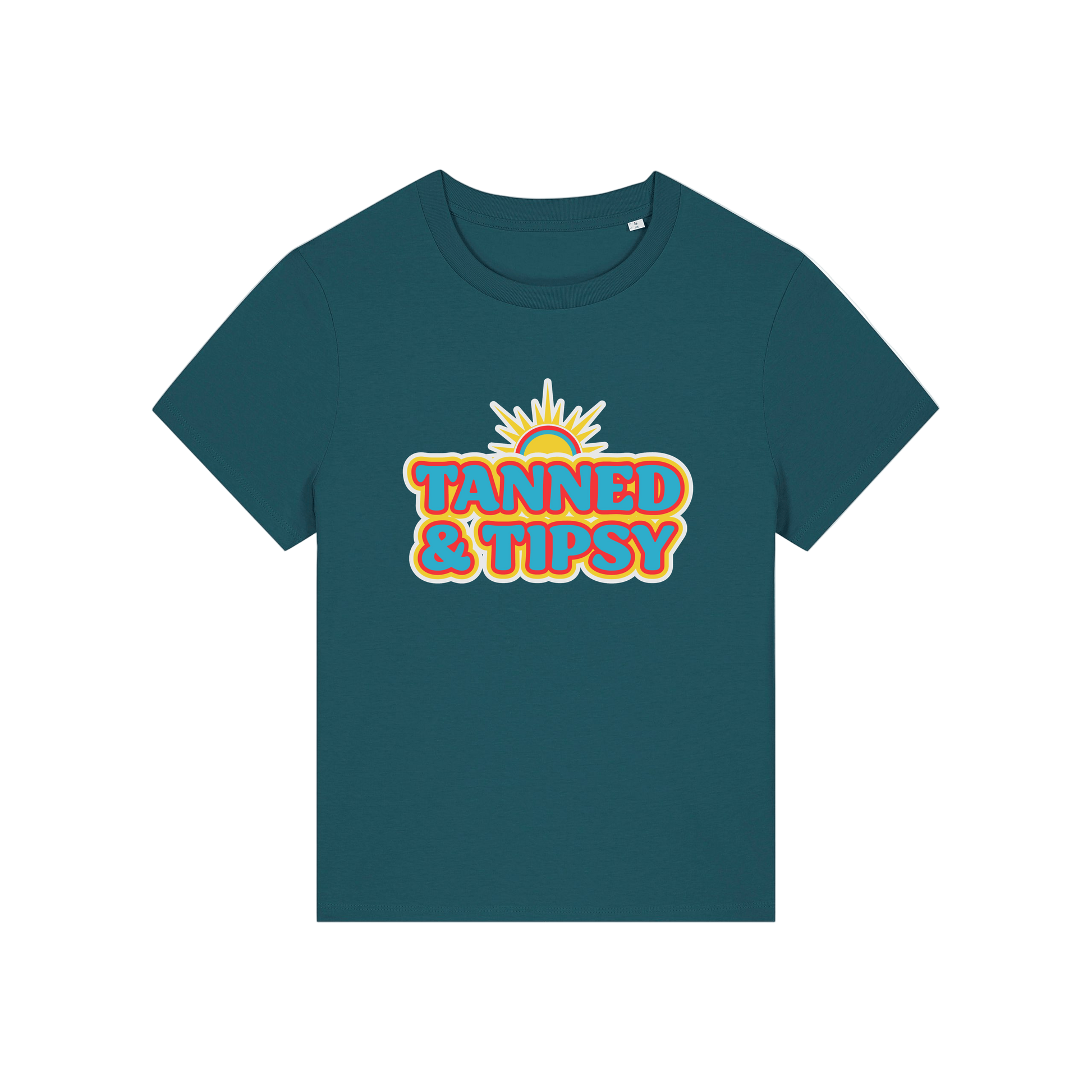 teal slogan t-shirt that reads 'tanned and tipsy'