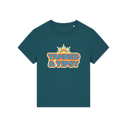 teal slogan t-shirt that reads 'tanned and tipsy'