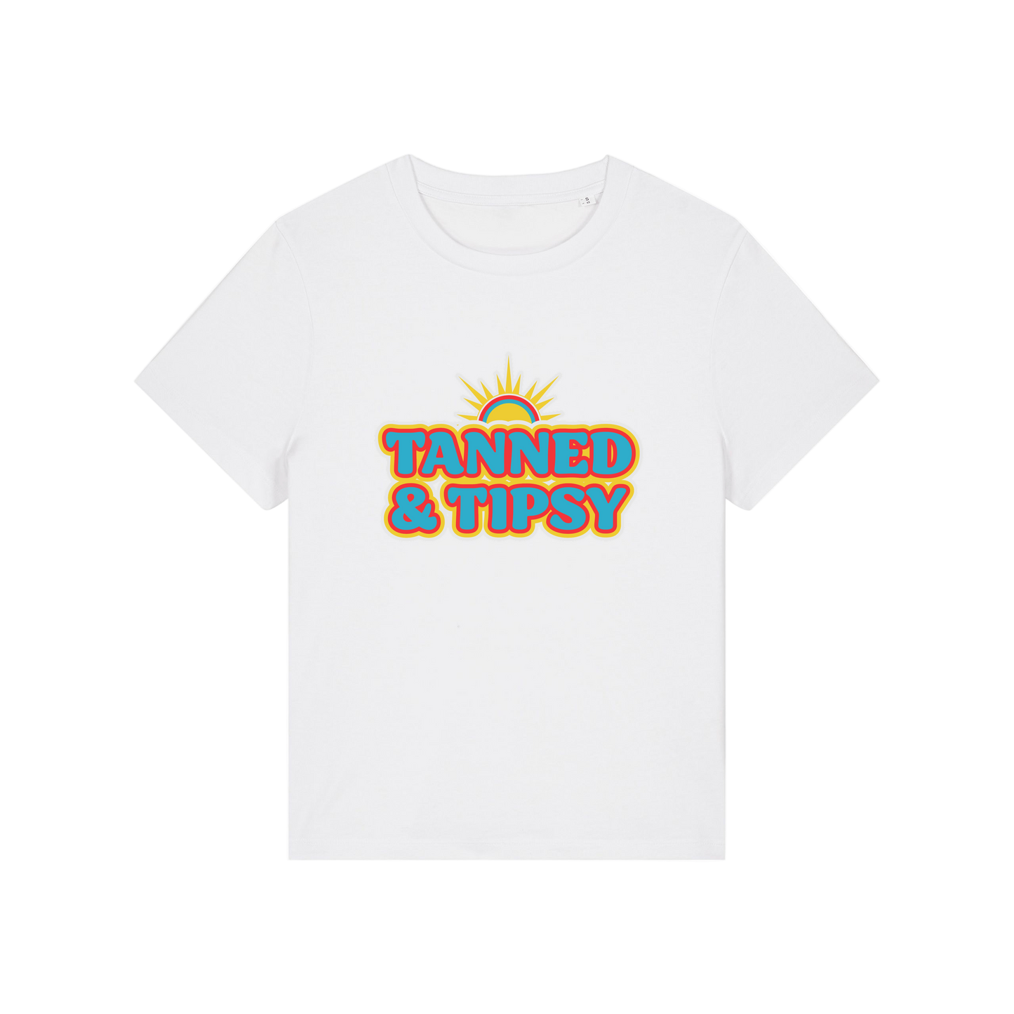 white slogan t-shirt that reads 'tanned and tipsy'