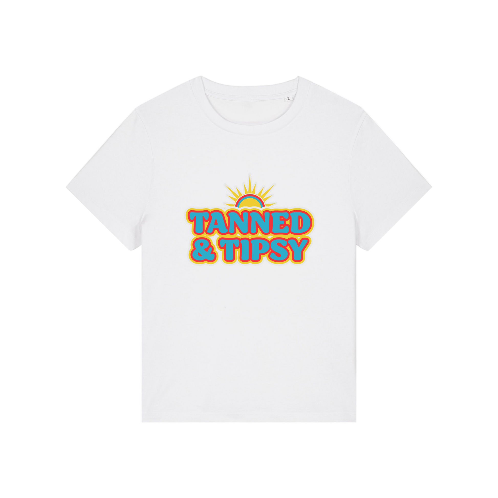 white slogan t-shirt that reads 'tanned and tipsy'