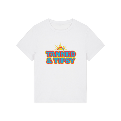 white slogan t-shirt that reads 'tanned and tipsy'
