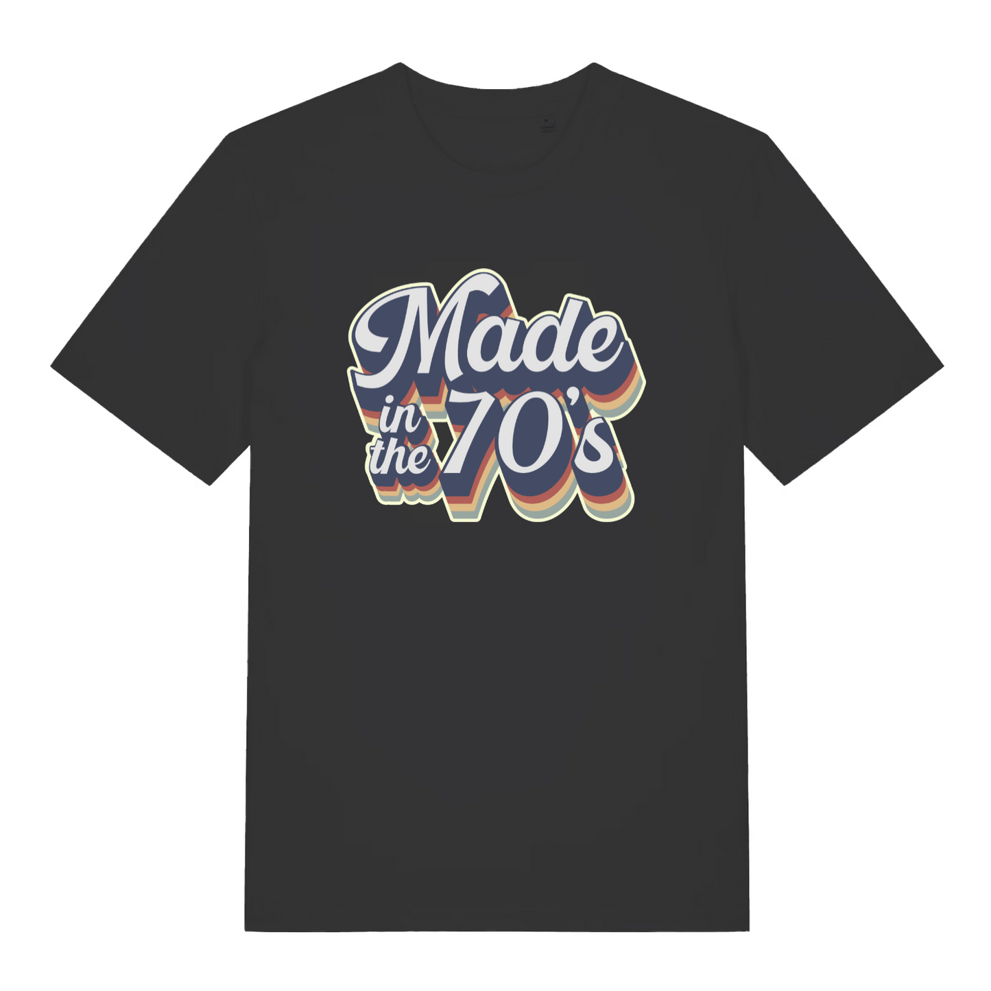black slogan t-shirt with the text 'made in the 70's'