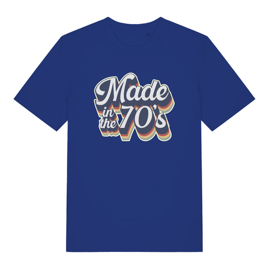 blue slogan t-shirt with the text 'made in the 70's'