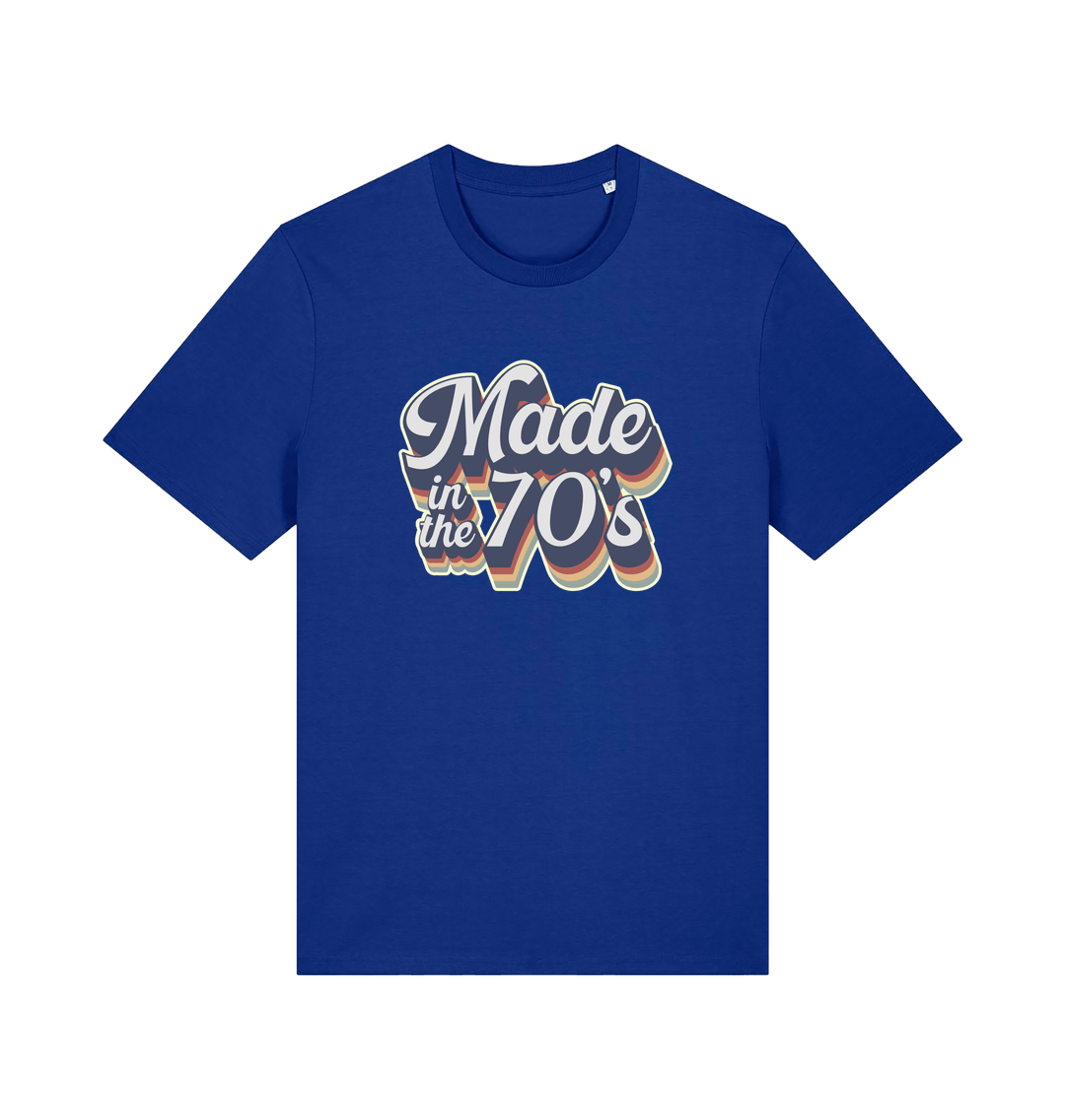 blue slogan t-shirt with 'made in the 70's'