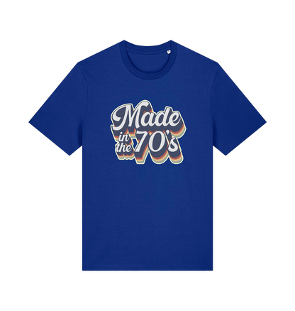 blue slogan t-shirt with 'made in the 70's'