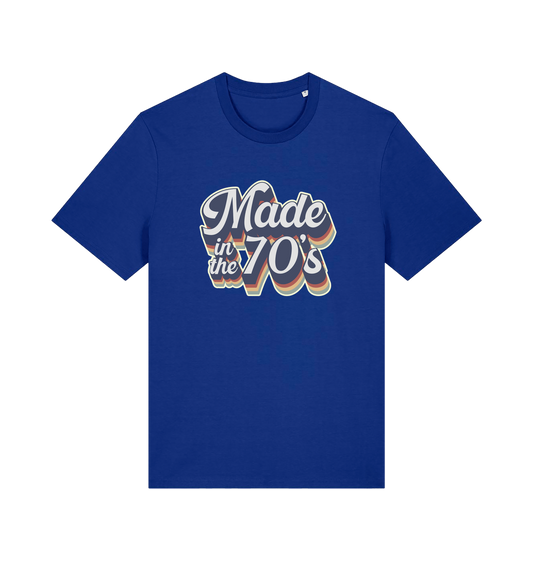 blue slogan t-shirt with 'made in the 70's'