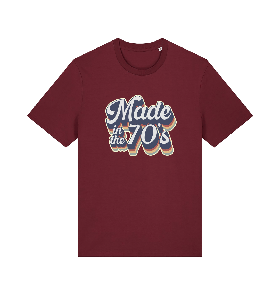 burgundy slogan t-shirt with 'made in the 70's'