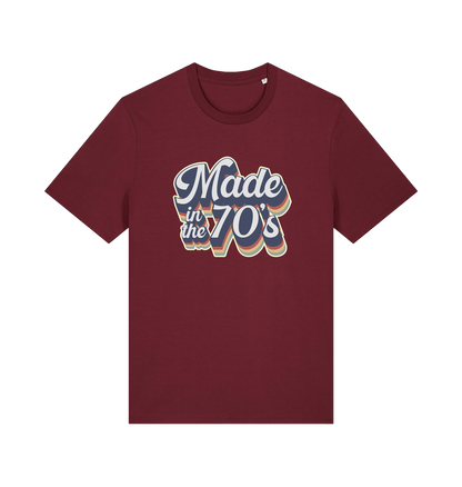 burgundy slogan t-shirt with 'made in the 70's'