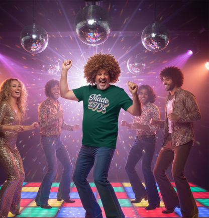 man at a disco wearing a green slogan t-shirt with the text 'made in the 70's'