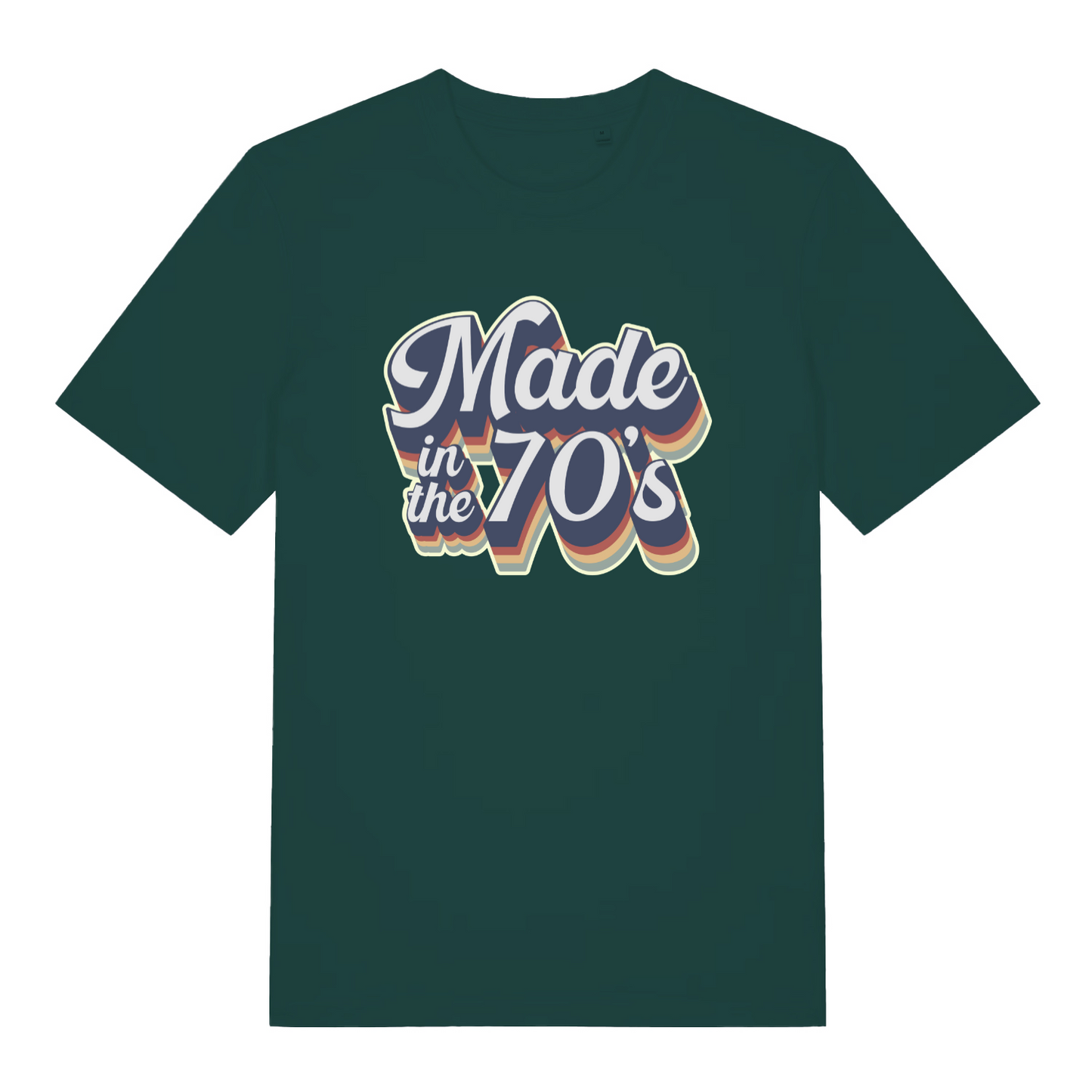 green slogan t-shirt with the text 'made in the 70's'