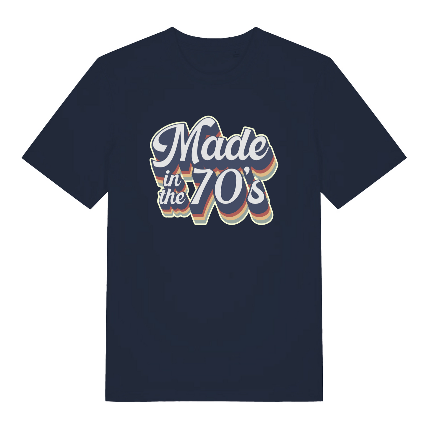 navy slogan t-shirt with the text 'made in the 70's'
