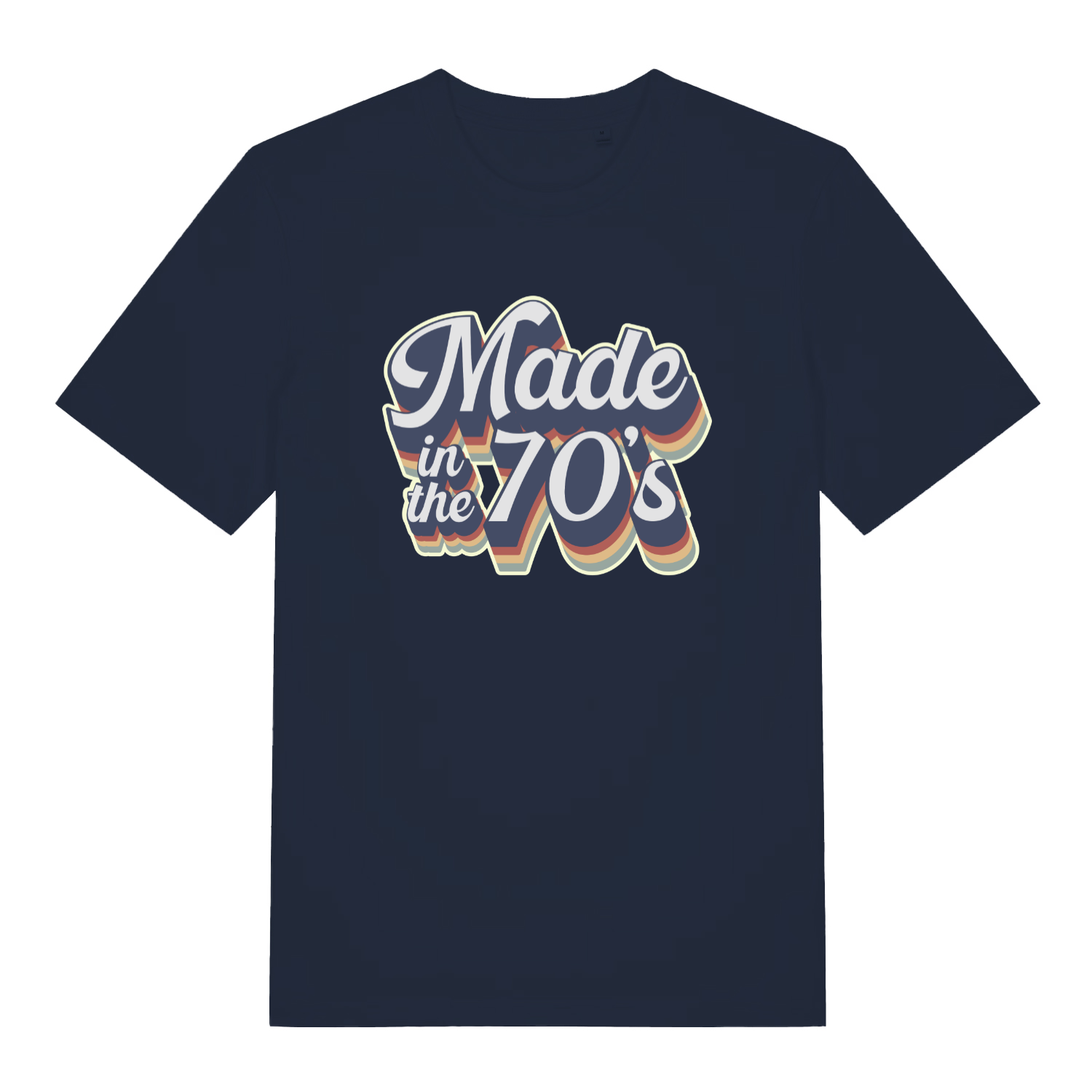 navy slogan t-shirt with the text 'made in the 70's'