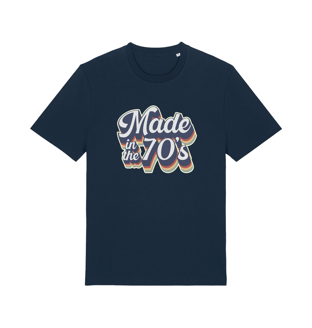 navy slogan t-shirt with 'made in the 70's'