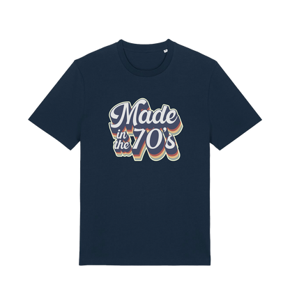 navy slogan t-shirt with 'made in the 70's'