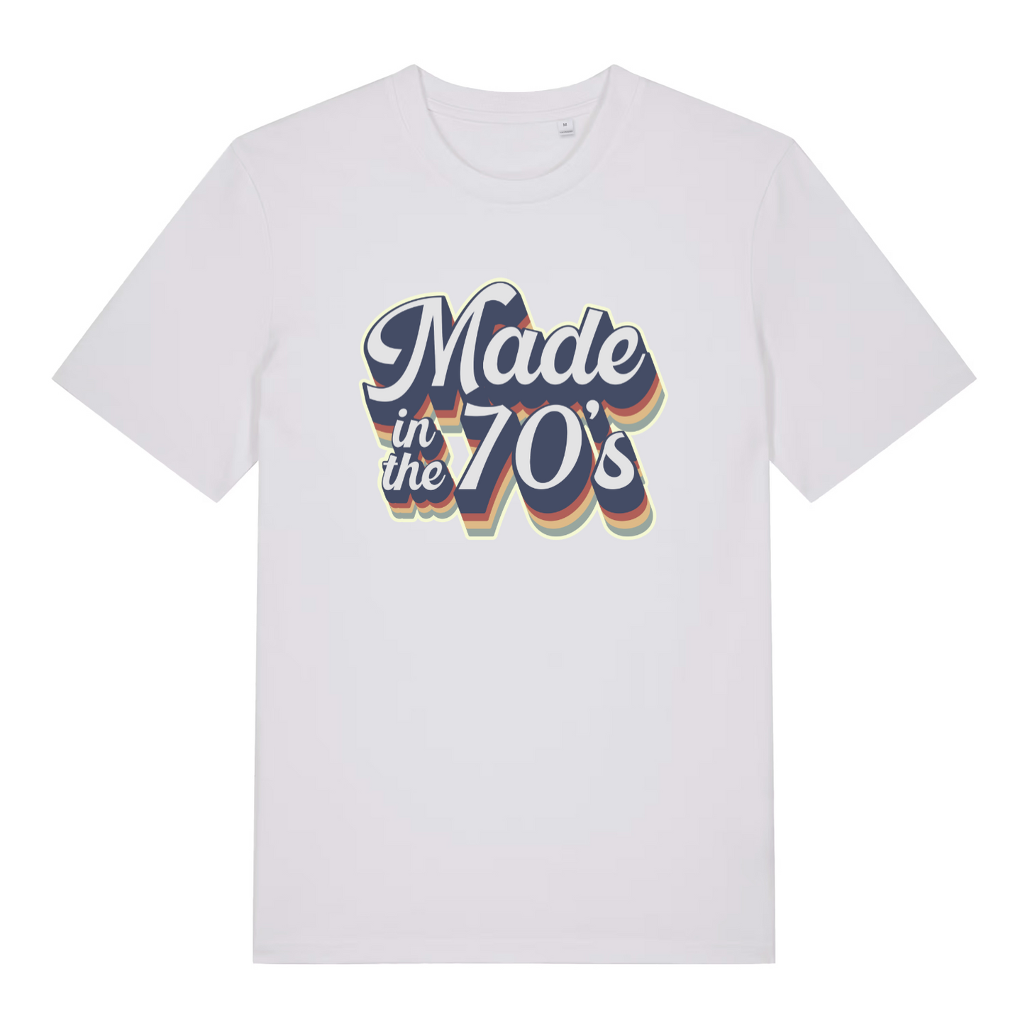 white slogan t-shirt with the text 'made in the 70's'