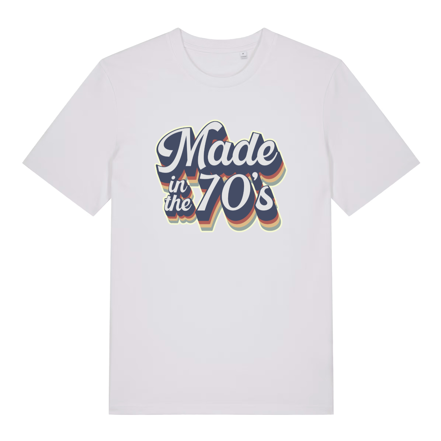 white slogan t-shirt with the text 'made in the 70's'