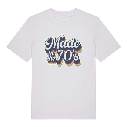 white slogan t-shirt with the text 'made in the 70's'