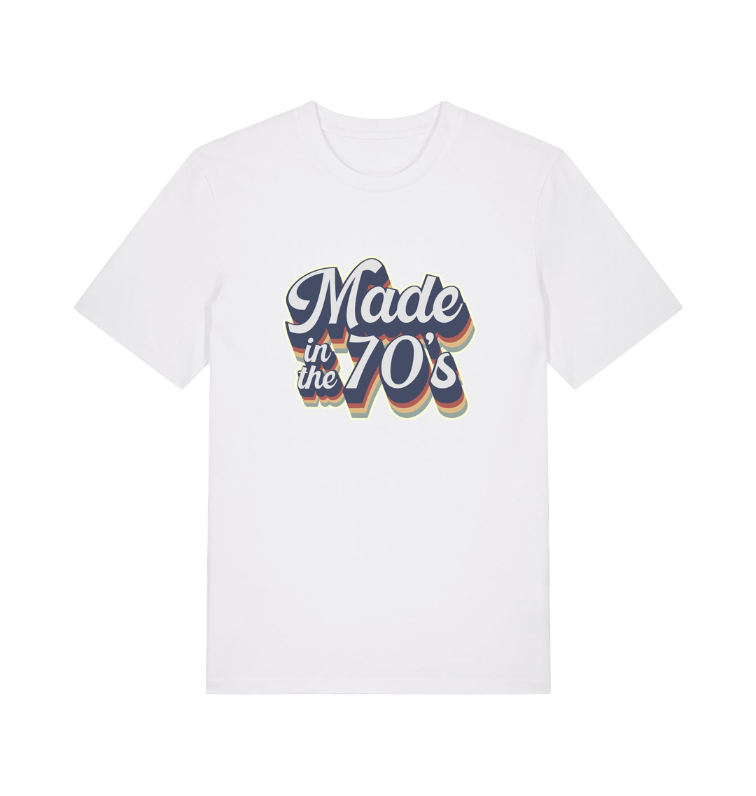 white slogan t-shirt with 'made in the 70's'