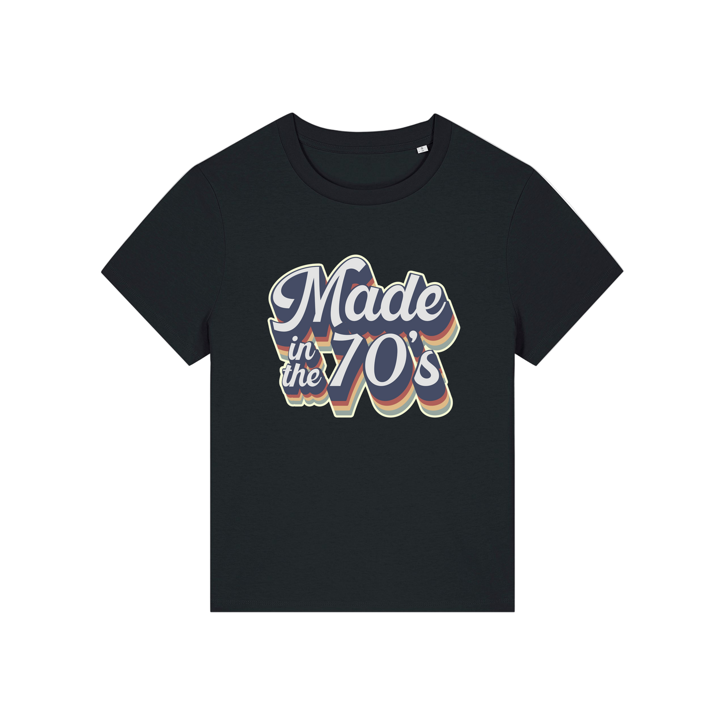 black slogan t-shirt that reads 'made in the 70's'