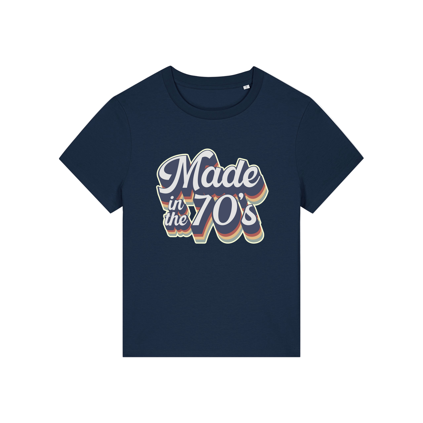 navy slogan t-shirt that reads 'made in the 70's'