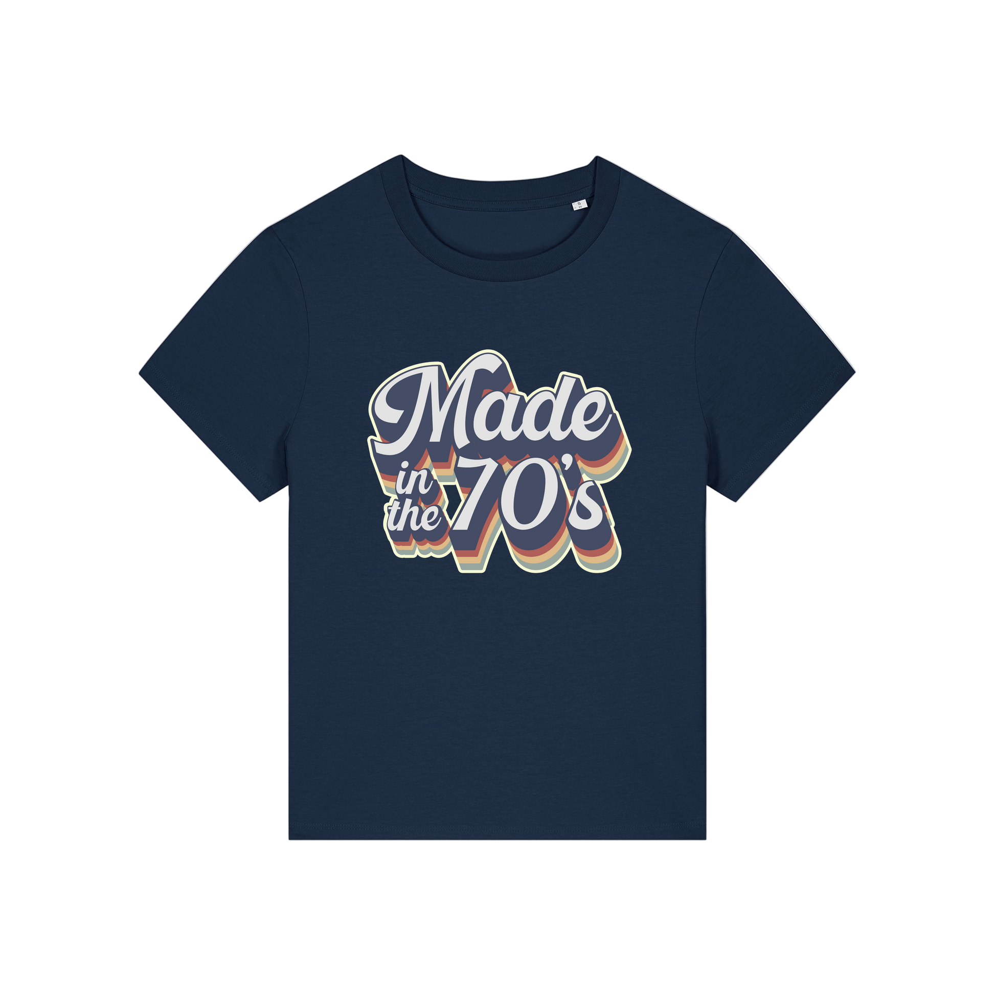 navy slogan t-shirt that reads 'made in the 70's'
