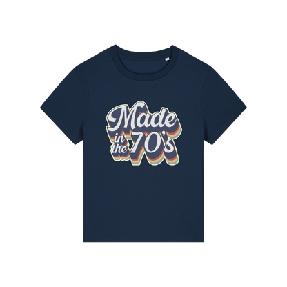 navy slogan t-shirt that reads 'made in the 70's'