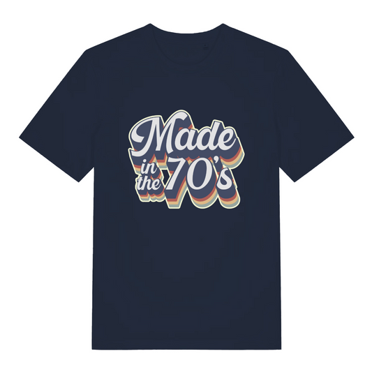 navy women's slogan t-shit with the text 'made in the 70's'