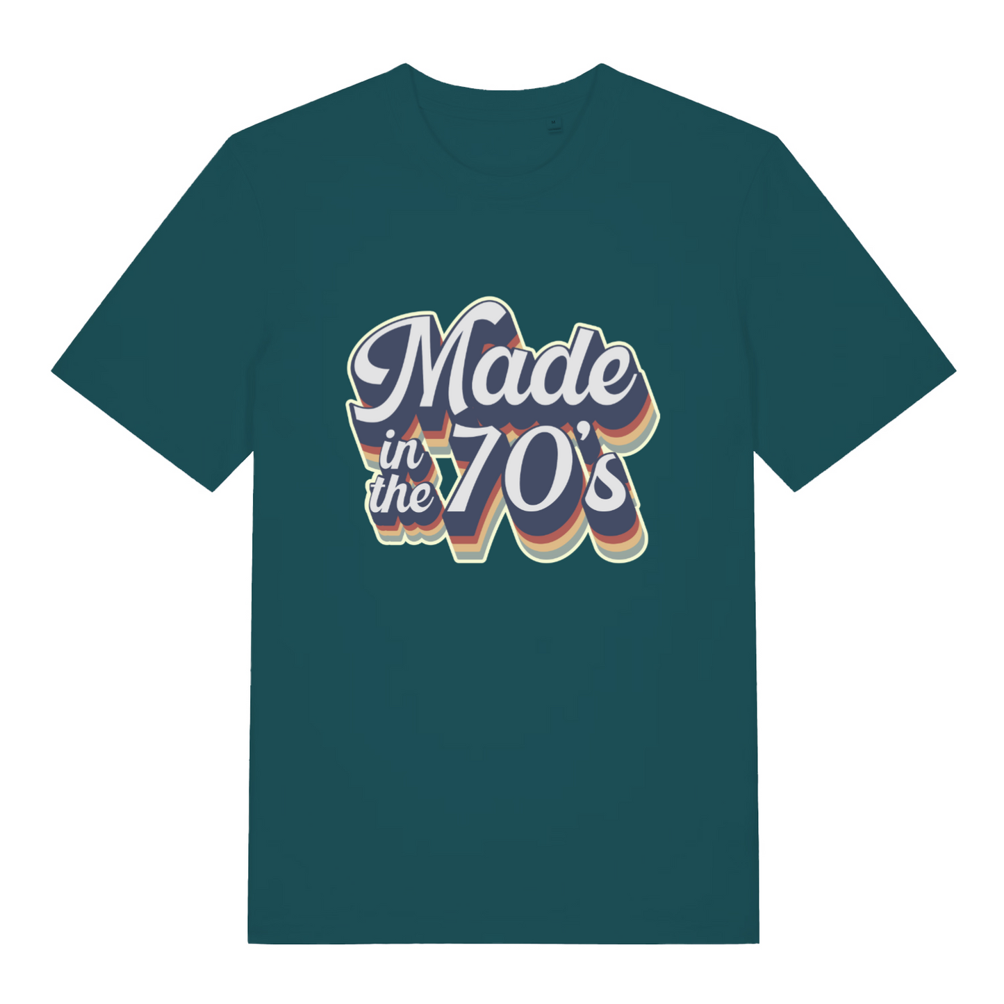 teal women's slogan t-shit with the text 'made in the 70's'