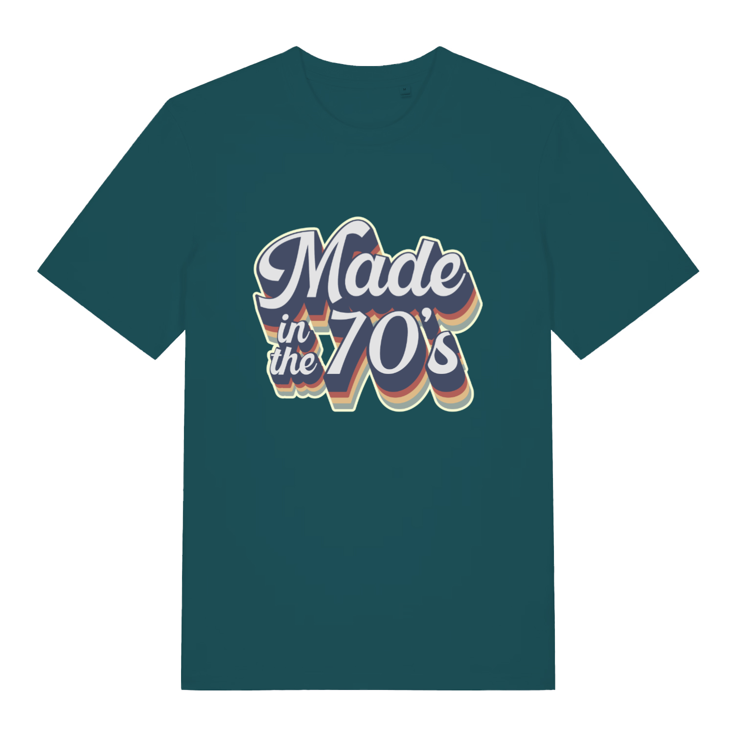 teal women's slogan t-shit with the text 'made in the 70's'