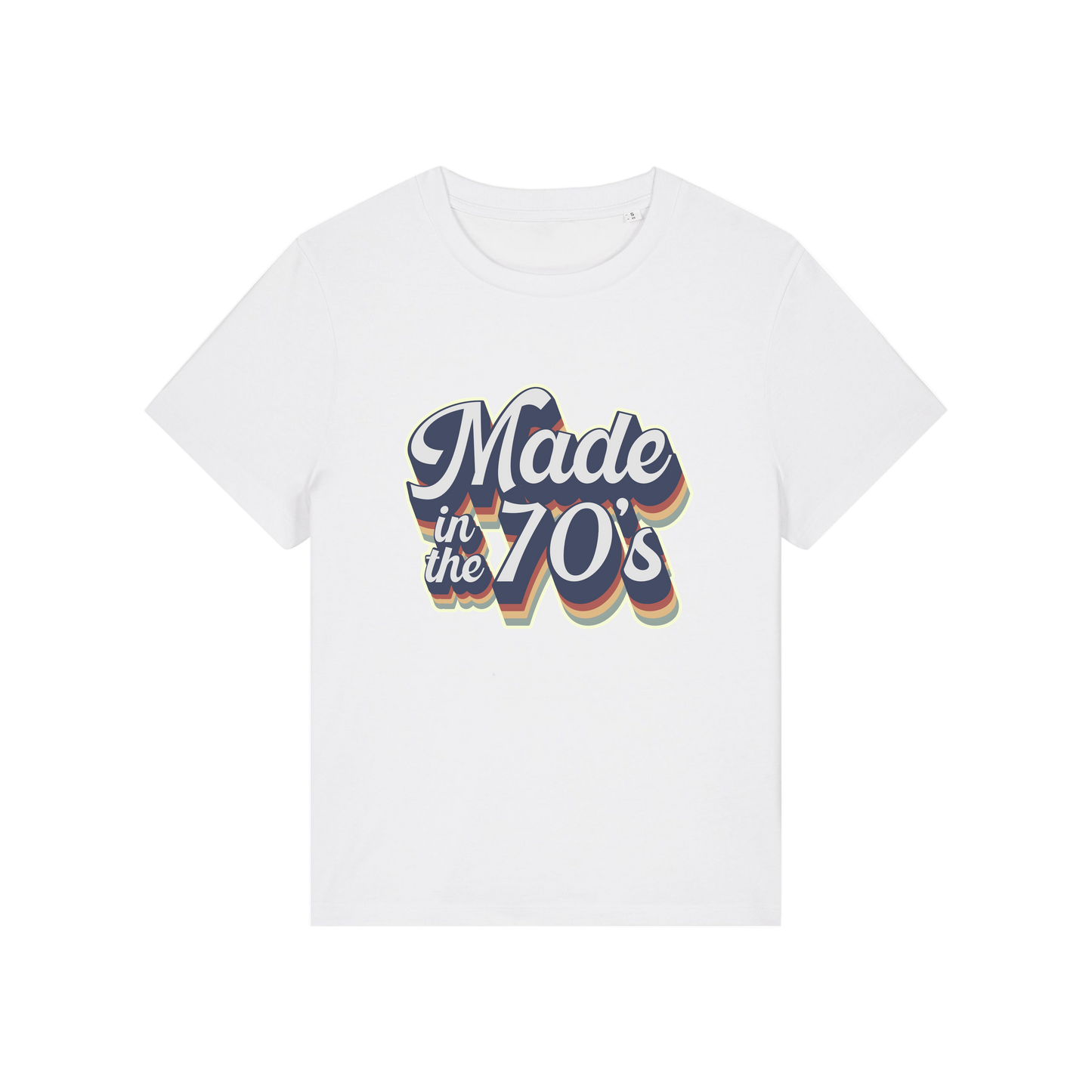 white slogan t-shirt that reads 'made in the 70's'