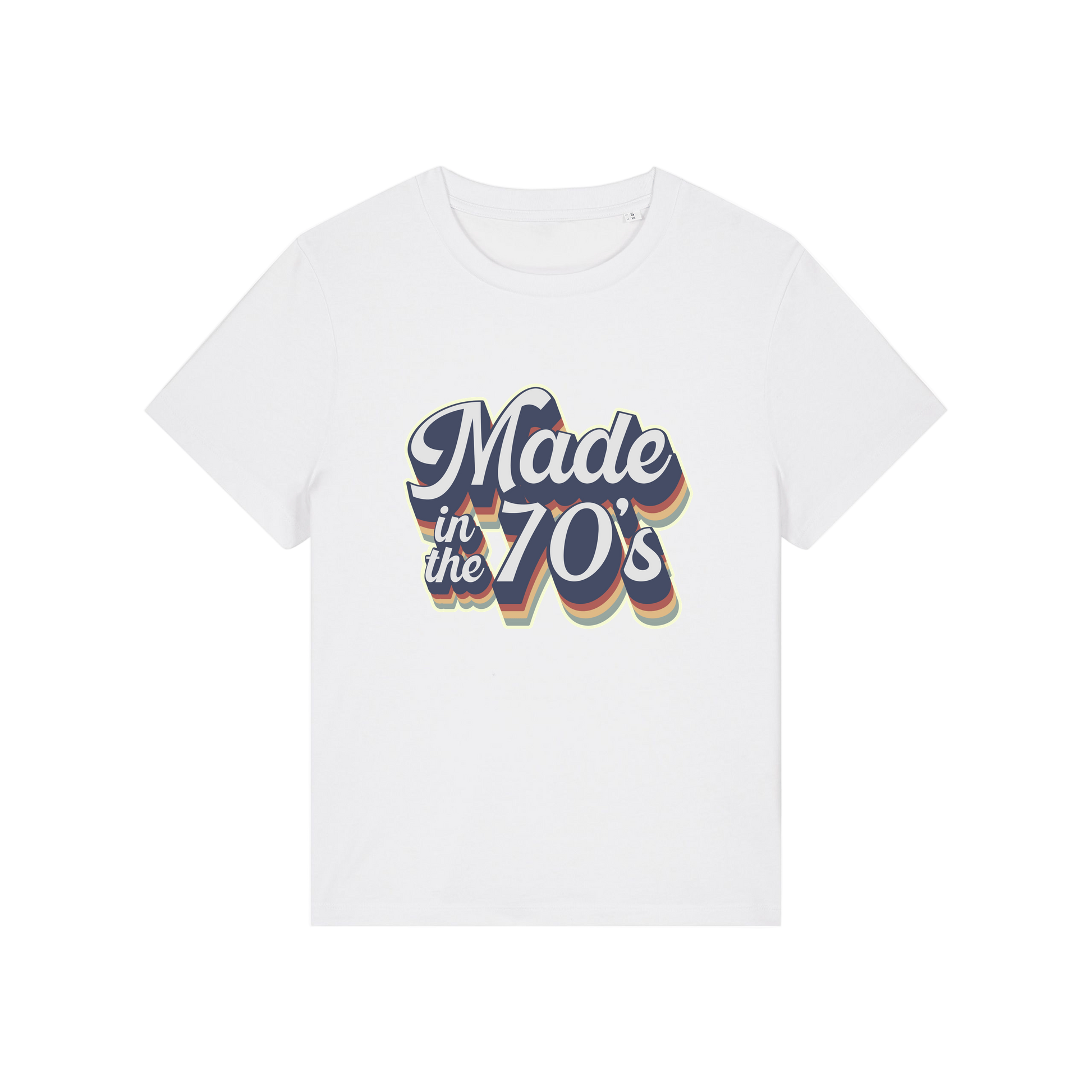 white slogan t-shirt that reads 'made in the 70's'