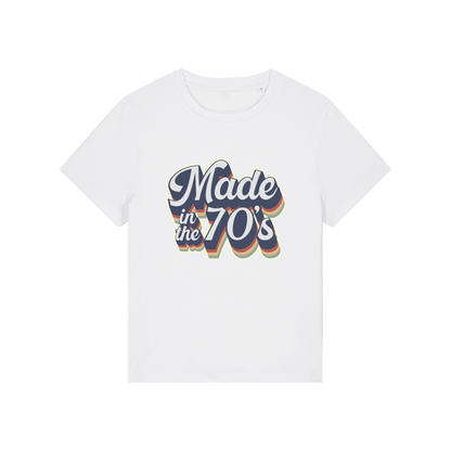 white slogan t-shirt that reads 'made in the 70's'