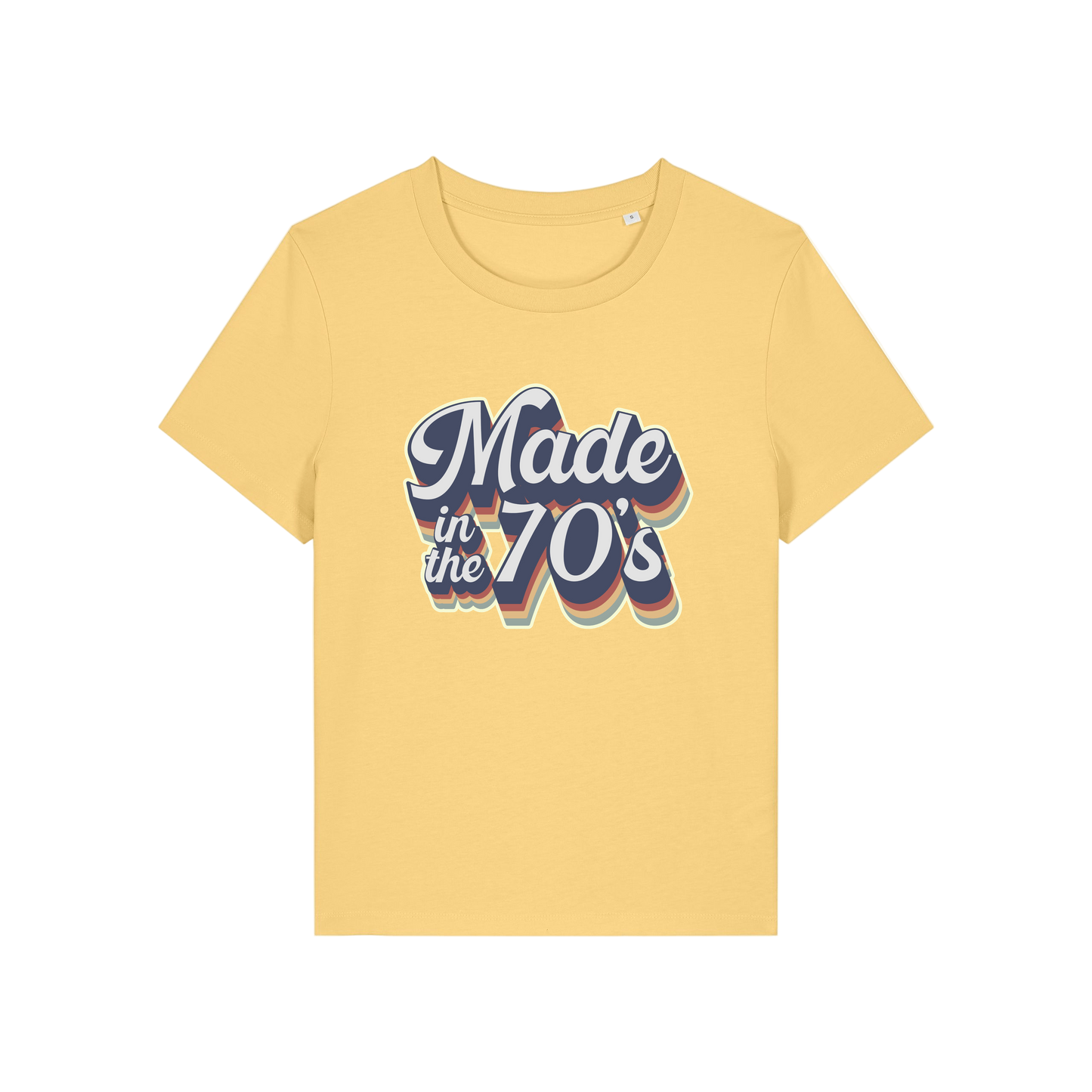 yellow slogan t-shirt that reads 'made in the 70's'