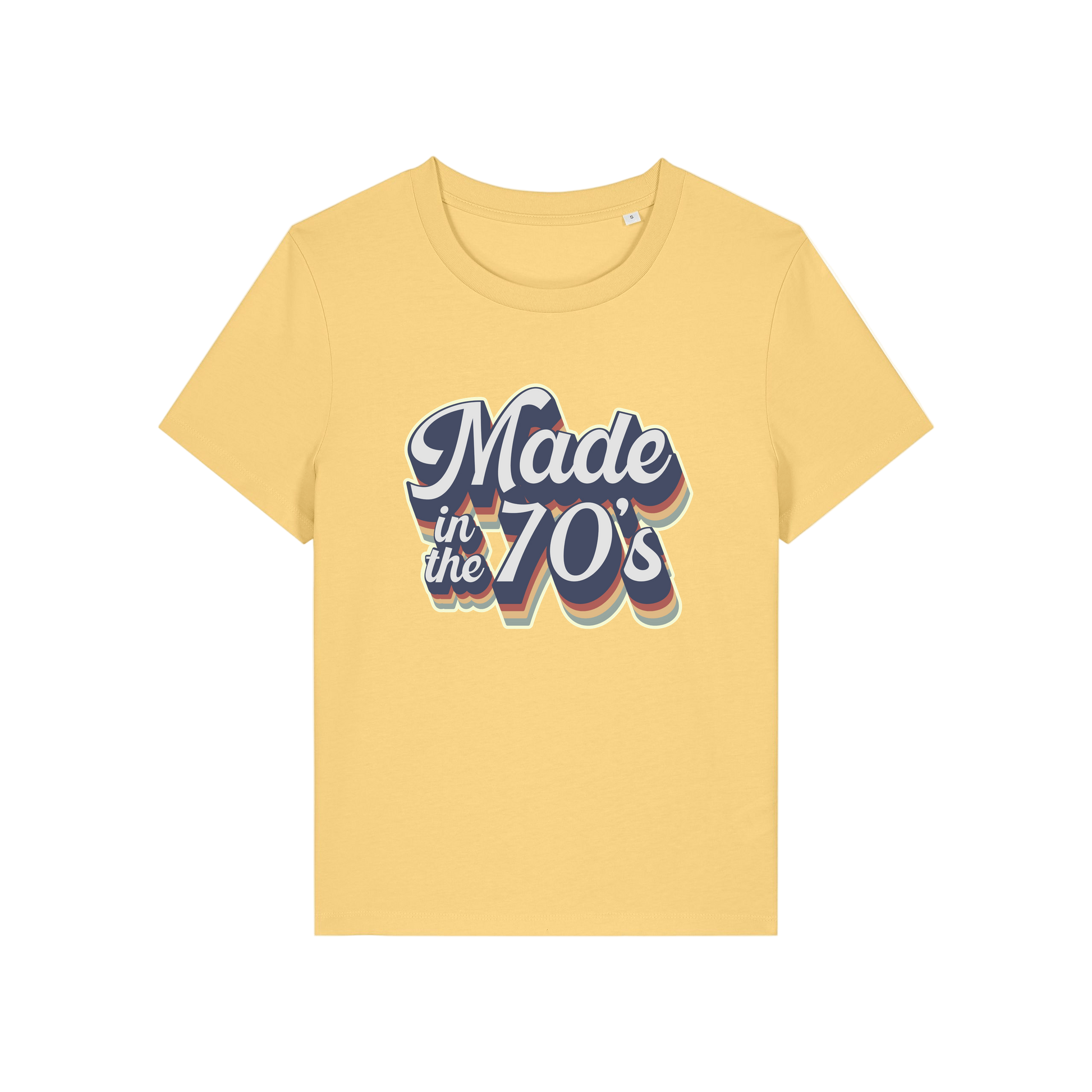 yellow slogan t-shirt that reads 'made in the 70's'
