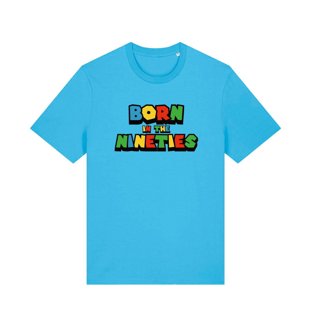 blue slogan t-shirt with 'born in the nineties'
