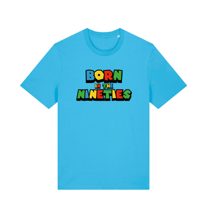 blue slogan t-shirt with 'born in the nineties'