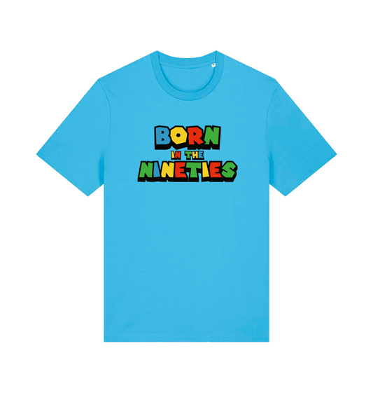 blue slogan t-shirt with 'born in the nineties'