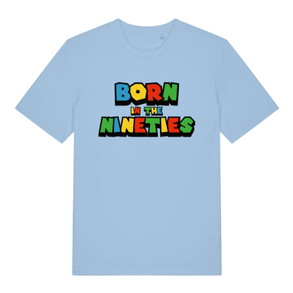 light blue slogan t-shirt with the text 'born in the nineties'