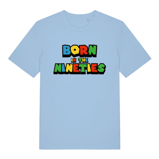 light blue slogan t-shirt with the text 'born in the nineties'