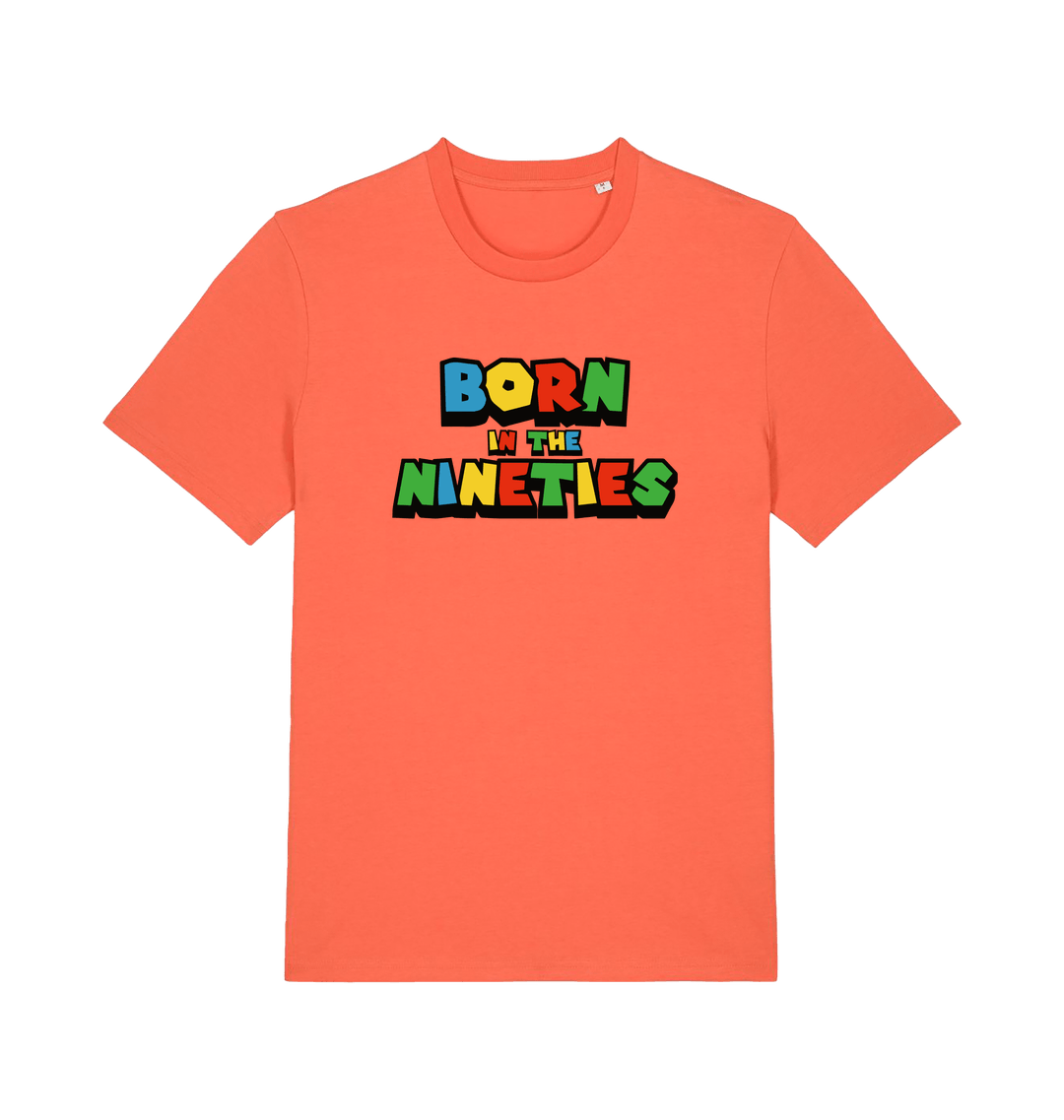 orange slogan t-shirt with 'born in the nineties'